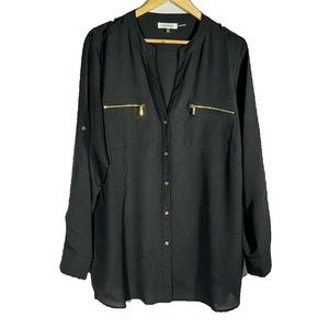 Calvin Klein Women’s Black Button-down Blouse with Gold Detail Size 1X